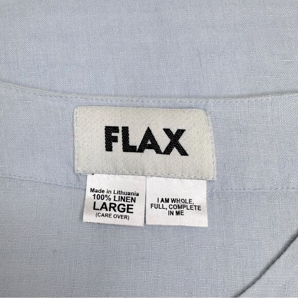 FLAX 100% Linen Light Blue Over Size Button Crew Neck Long Sleeve Pockets Sz L - Picture 11 of 14